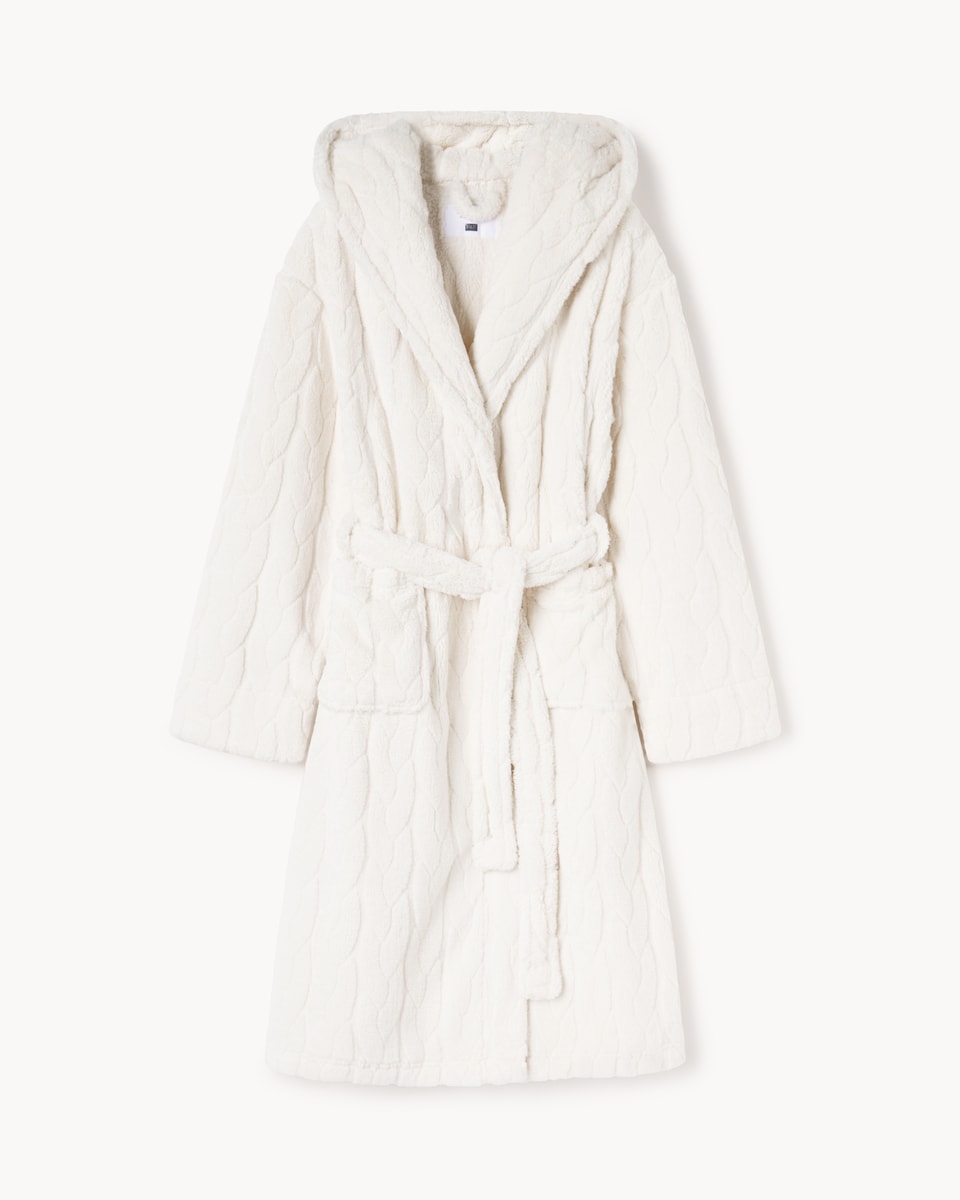 image 1 of F&F Fleece Cable Knit Hooded Dressing Gown in Cream