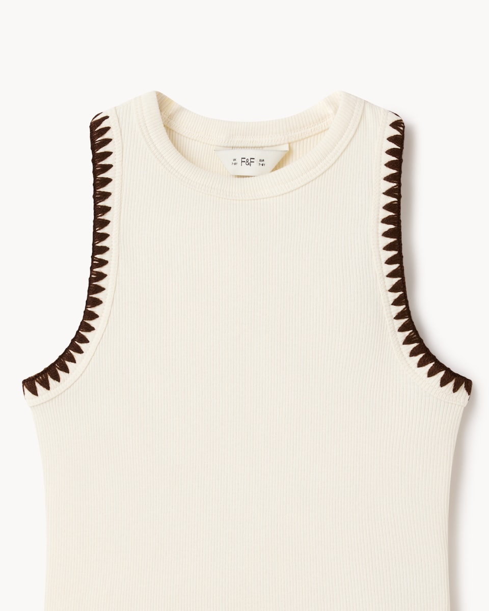 image 1 of F&F Girls Cotton Rich Ribbed Contrast Vest in Cream