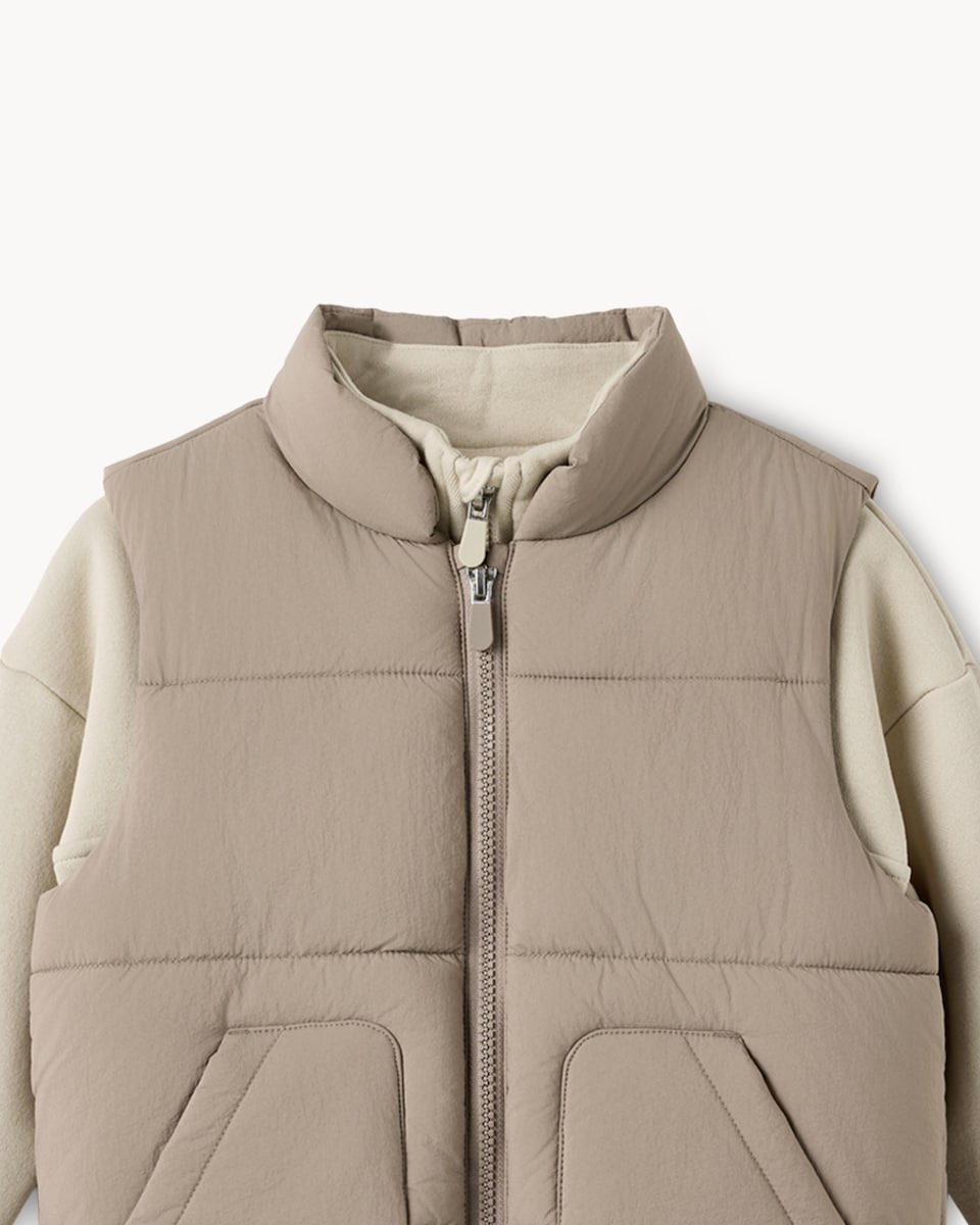 image 1 of F&F Boys Puffer Gilet, Sweatshirt and Joggers Set in Stone