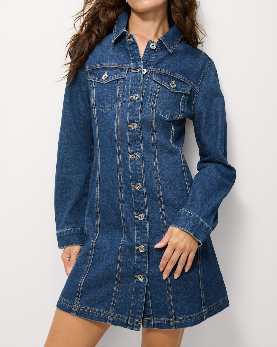 image 1 of F&F Pure Cotton Denim Mini Shirt Dress in Navy