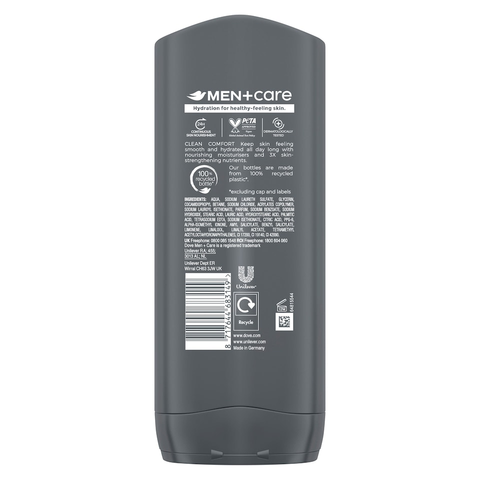 image 1 of Dove Men+Care Clean Comfort 3-in-1 Body Face Hair Wash Shower Gel 400ml