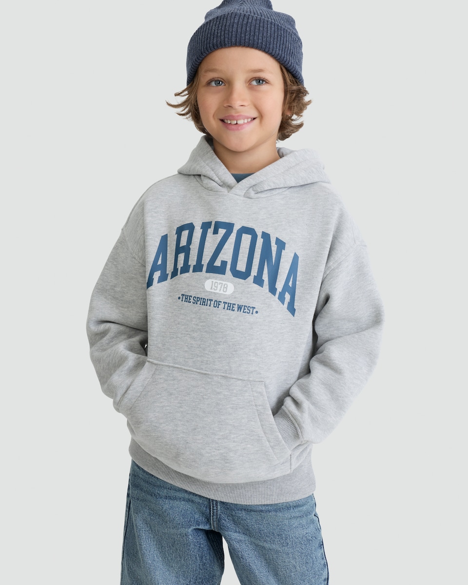 image 1 of F&F Boys Cotton Rich Slogan Hoodie in Grey Marl