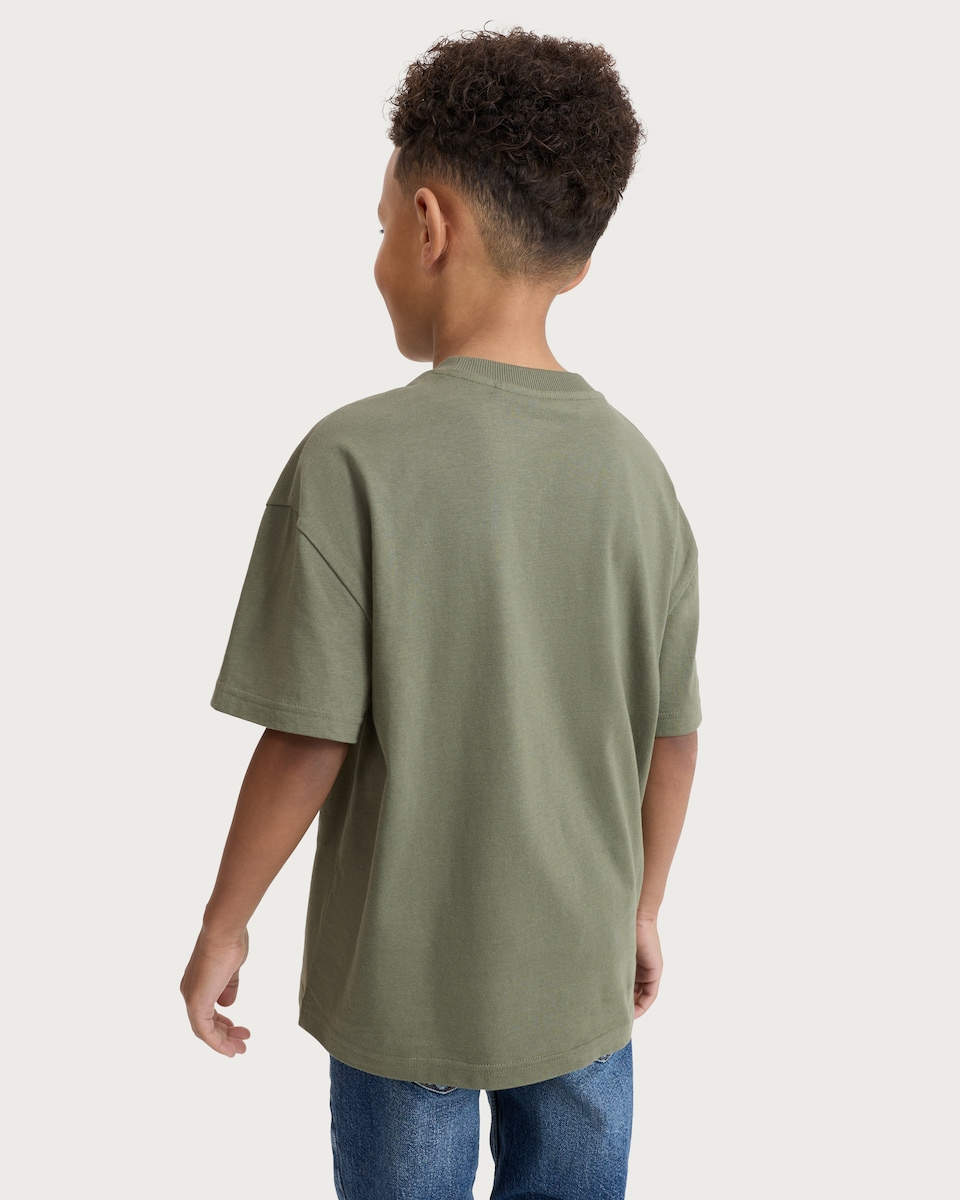 image 1 of F&F Boys Pure Cotton Printed Oversized Fit T-Shirt in Khaki
