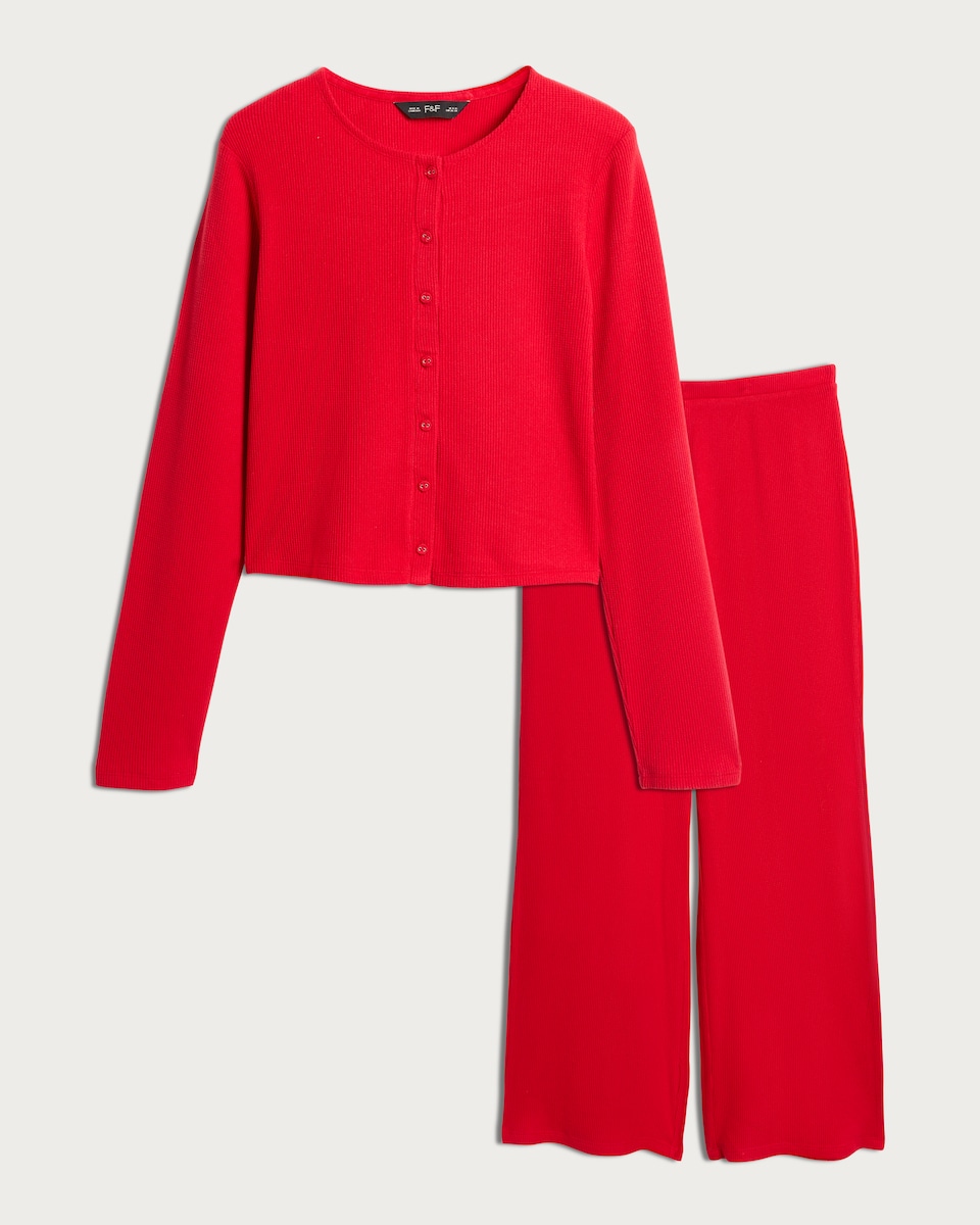 image 1 of F&F Waffle Textured Button Up Cardigan and Trousers Pyjamas in Red