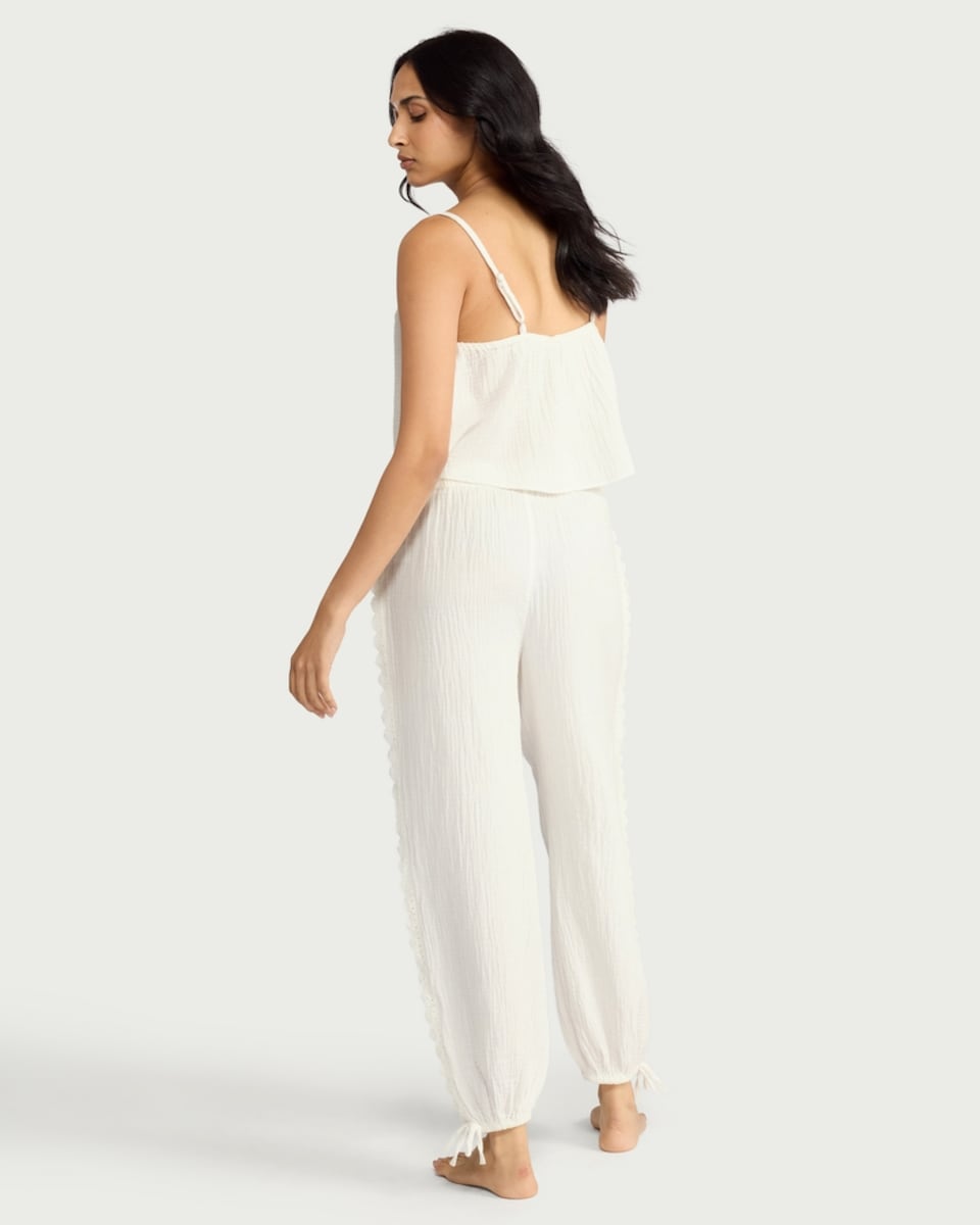image 1 of F&F 2-Piece Pure Cotton Lace Trim Pyjama Set in Cream