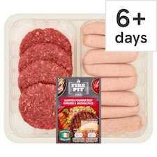 Tesco Fire Pit Quarter Pounder Beef Burgers And Sausages Pack 908G