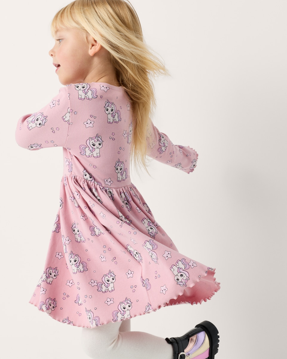 image 1 of F&F Girls Cotton Rich Unicorn Print Dress in Pink