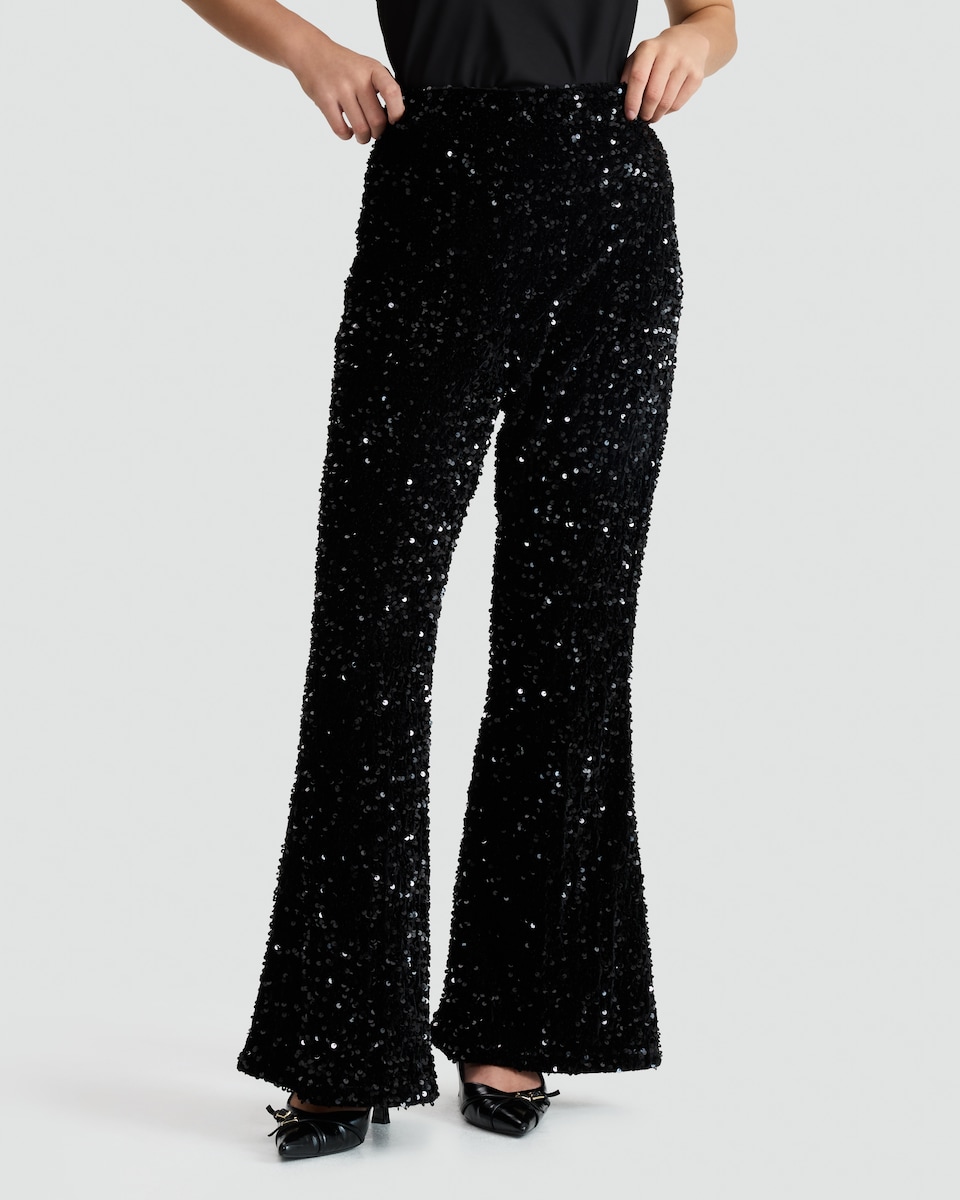image 1 of F&F Velour Sequin Flared Trousers in Black