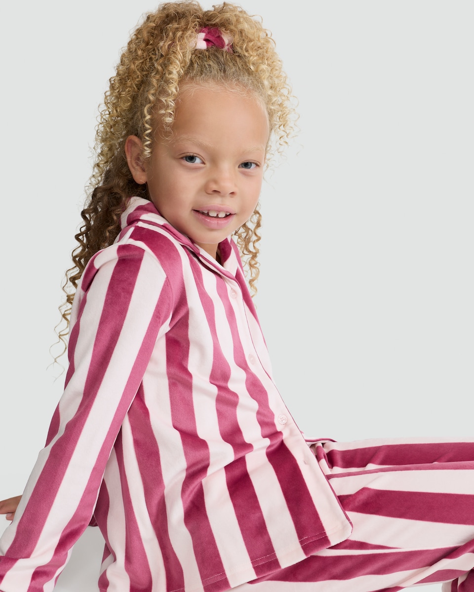 image 1 of F&F Girls Minky Fleece Stripe Print Pyjamas with Scrunchie in Pink Multi