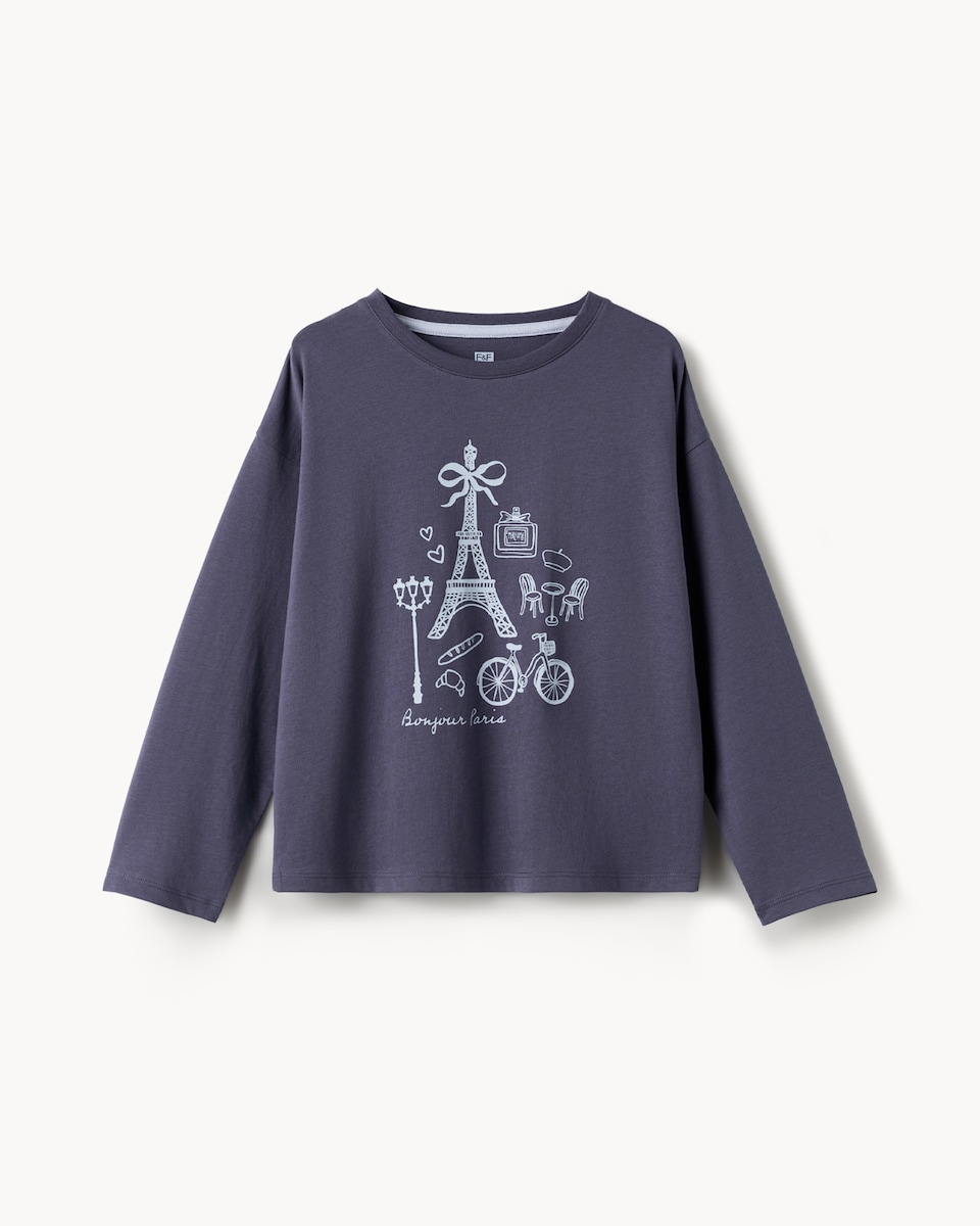 image 1 of F&F Girls Pure Cotton Paris Printed Pyjama Set in Blue