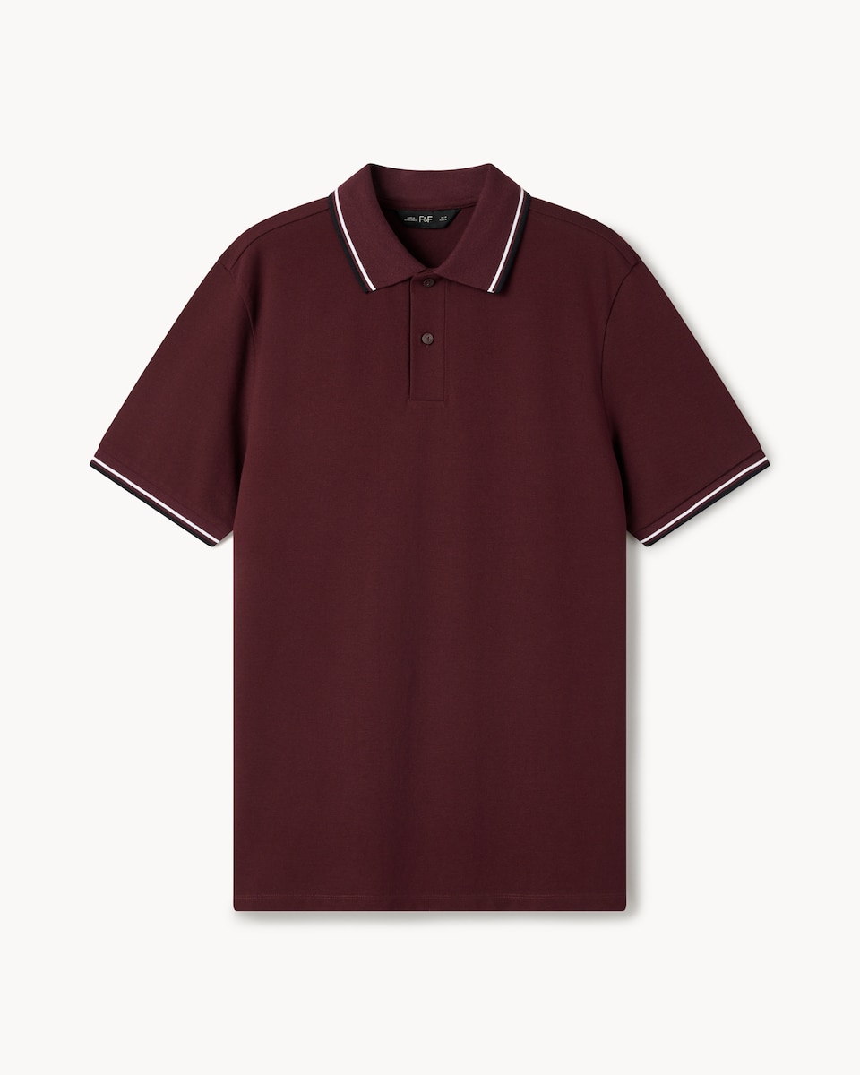image 1 of F&F Cotton Rich Tipped Short Sleeved Polo Shirt in Burgundy
