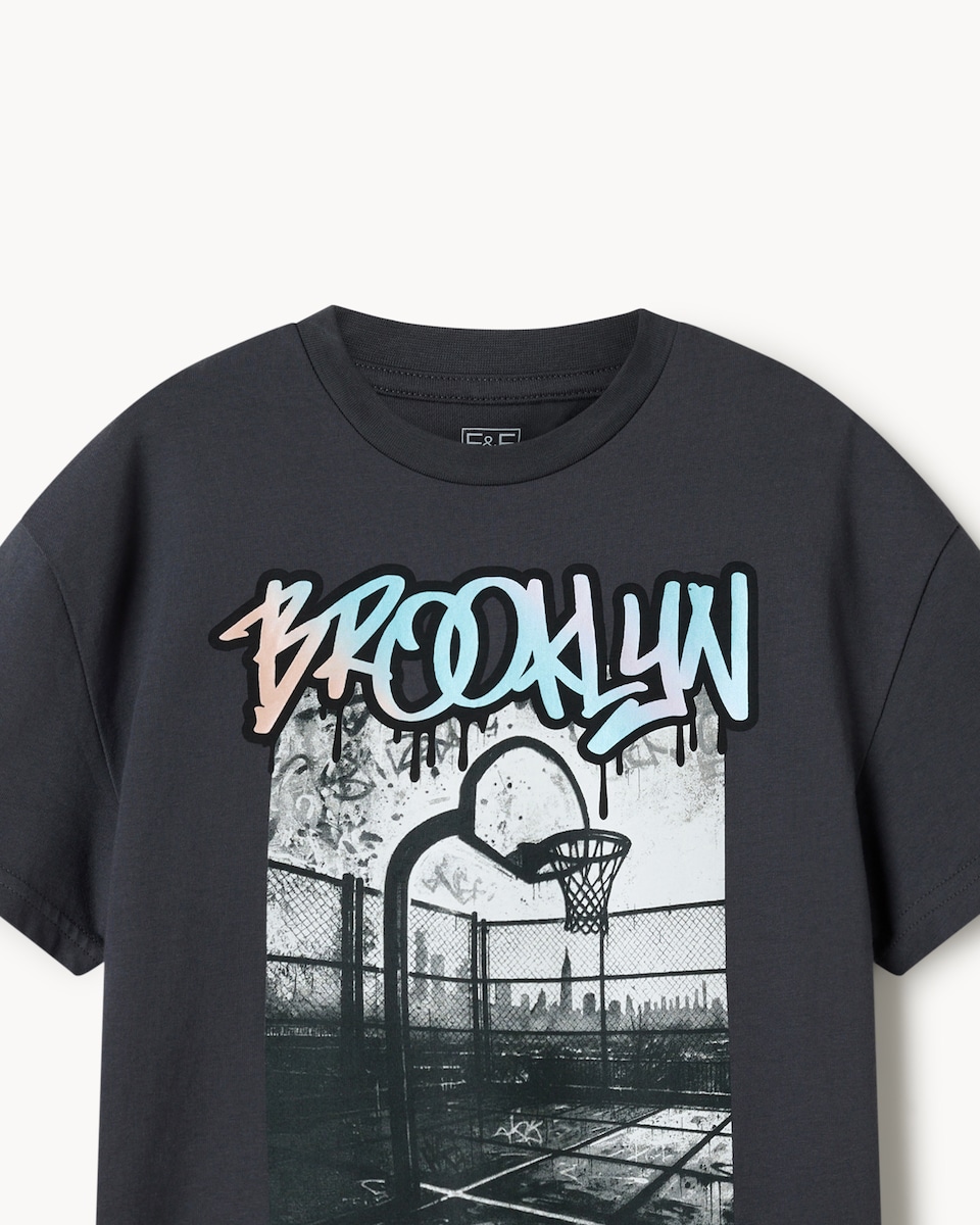 image 1 of F&F Boys Pure Cotton Brooklyn T-Shirt in Grey