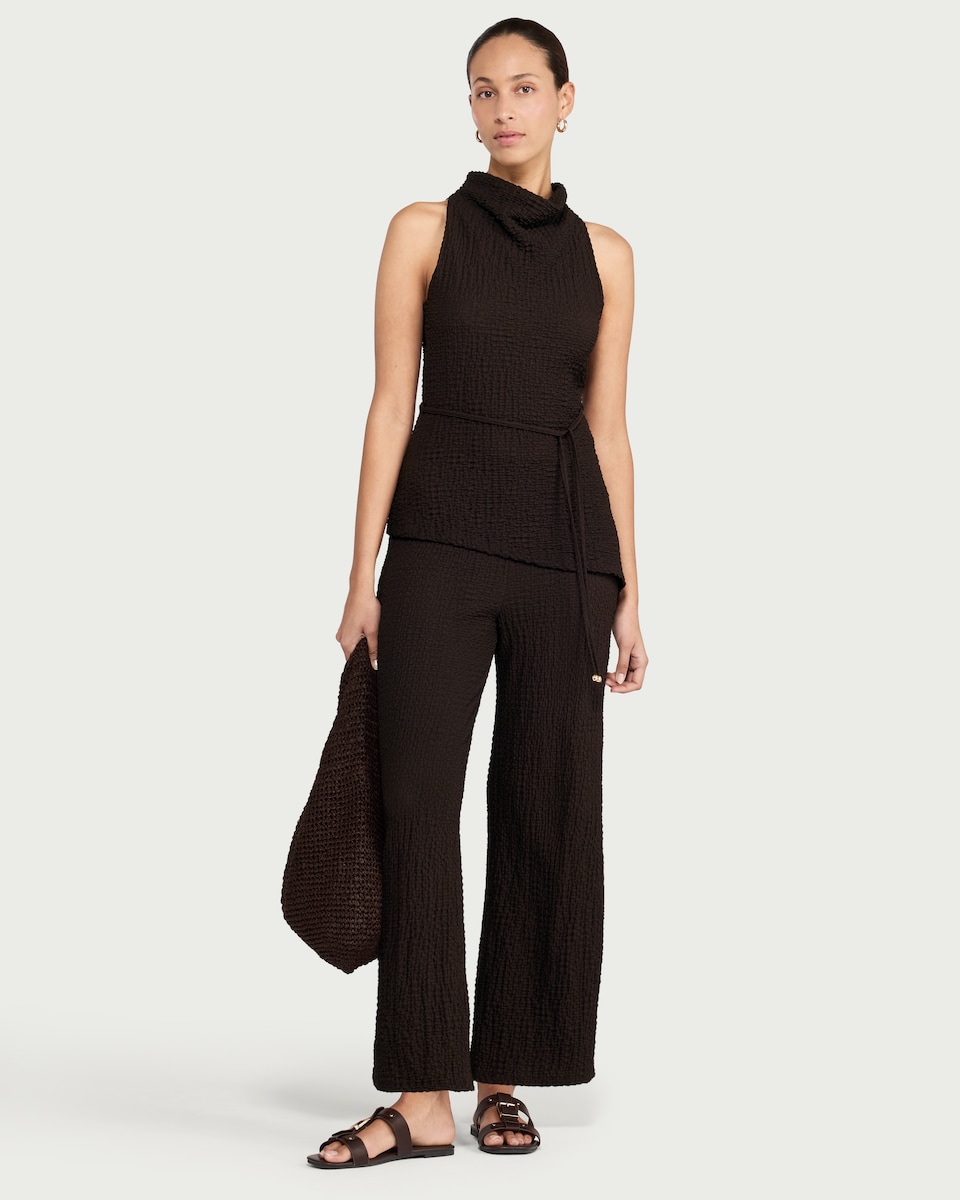 image 1 of F&F Crinkle Textured Draped Co-ord Top in Chocolate