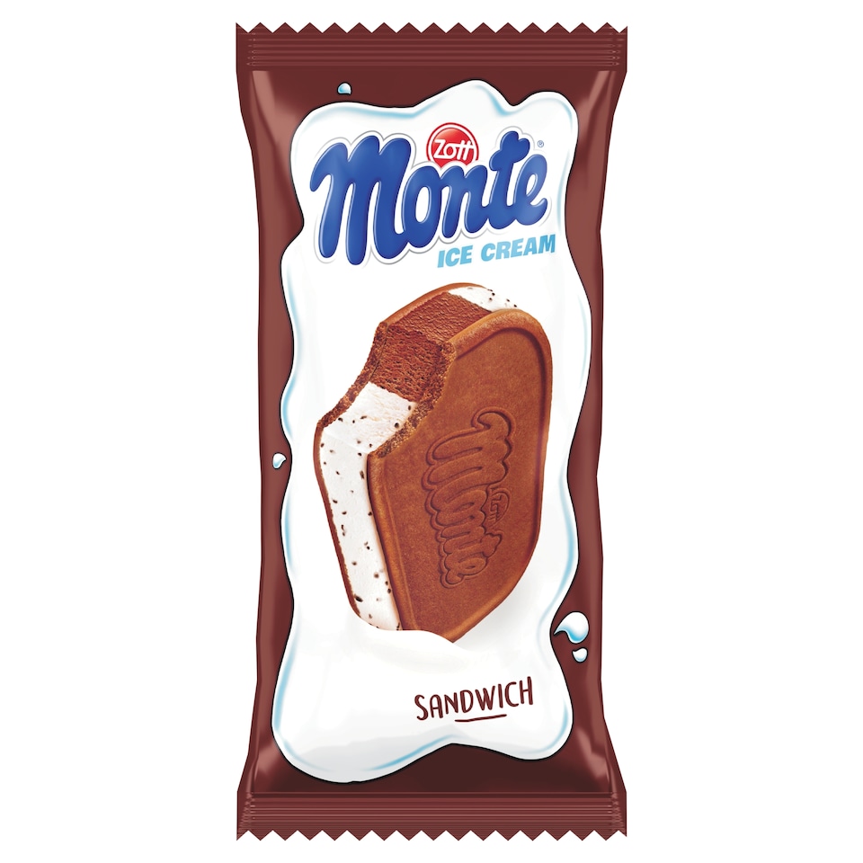 Zott Monte tejjégkrém csokoládédarabokkal, csokoládés tejjégkrém mogyoróval két keksz között 120 ml
