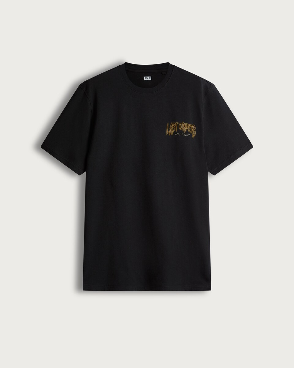 image 1 of F&F Halloween Pure Cotton Last Orders Print Regular Fit T-Shirt in Black