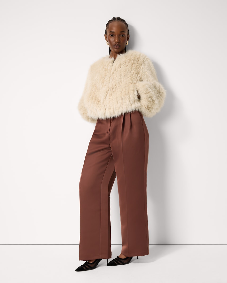 image 1 of F&F Faux Fur Collarless Jacket in Cream