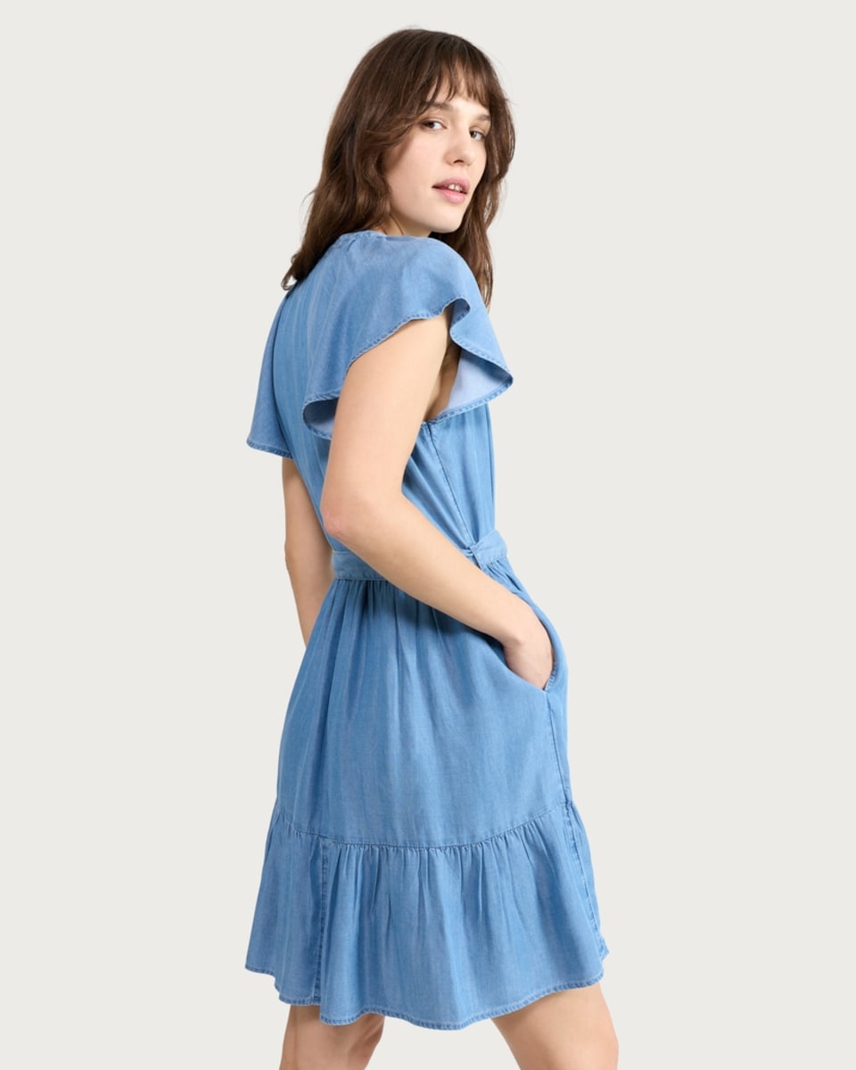 image 1 of F&F Pure Lyocell Button Front Tie Waist Mini Dress in Blue