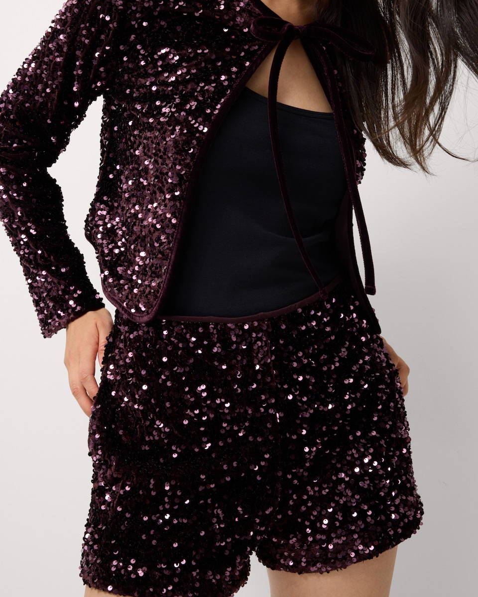 image 1 of F&F Velvet Sequin Shorts in Burgundy