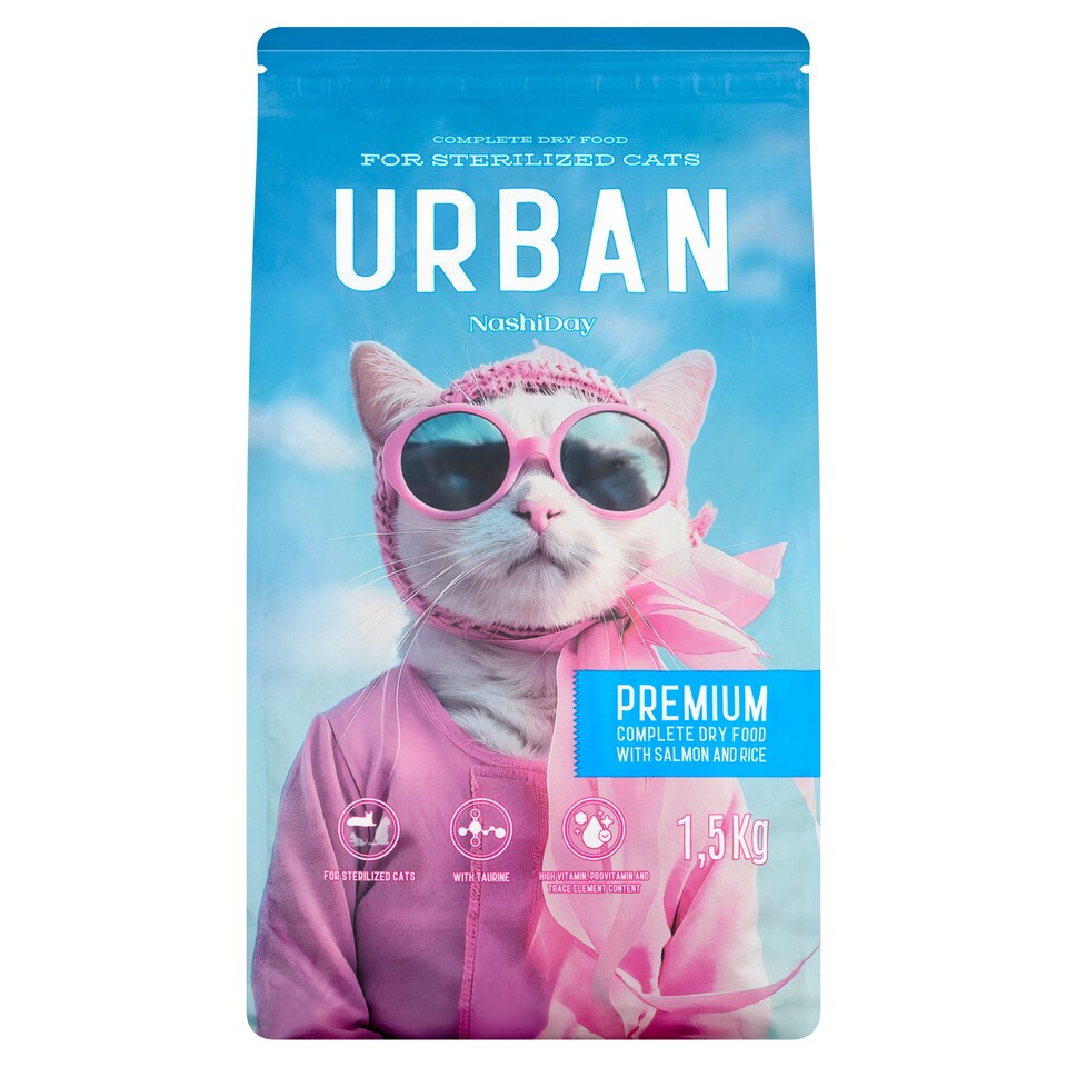 NashiDay Urban teljes értékű száraz állateledel ivartalanított macskáknak lazaccal és rizzsel 1,5 kg  1. kép