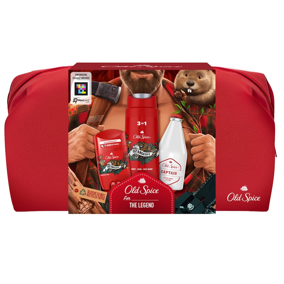 Old Spice Lumberjack Ajándékcsomag Neszesszerben: Bearglove Stift Dezodor, Tusfürdő és Arcszesz 1. kép
