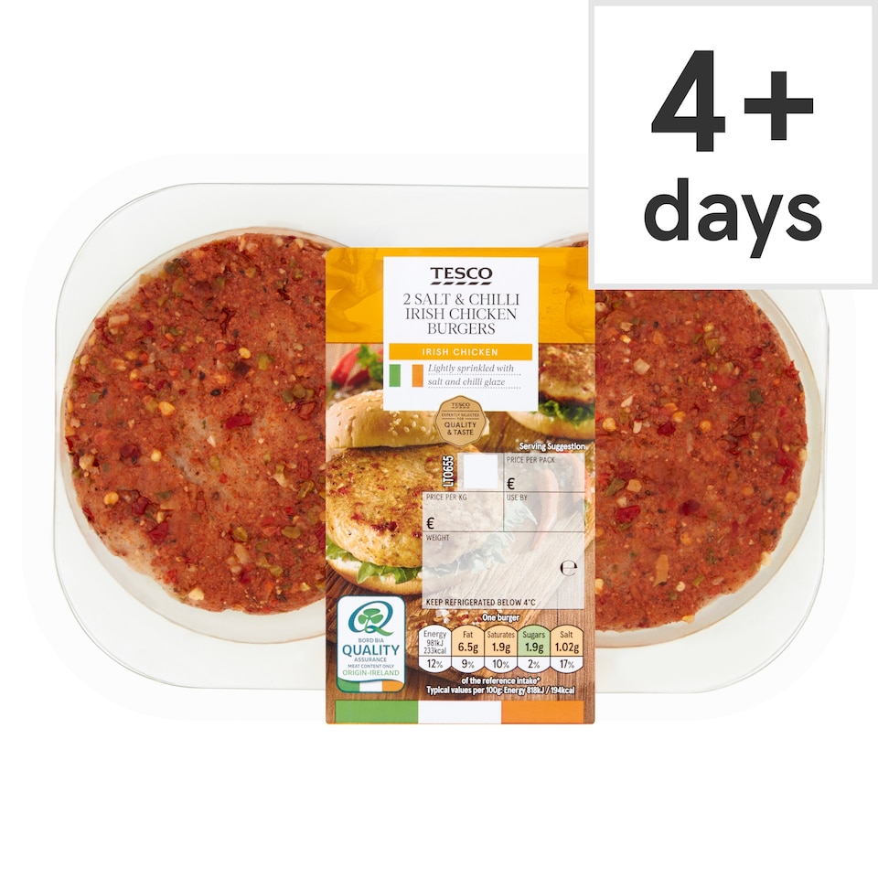 Tesco 2 Salt And Chilli Irish Chicken Burgers 360G