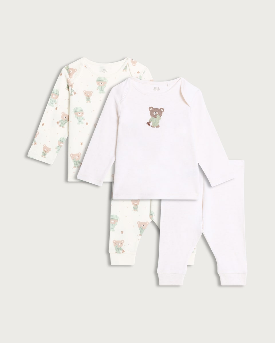 image 1 of F&F Baby 2-Pack Pure Cotton Bear Print Top and Bottoms Pyjama Set in White