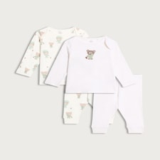 F&F Baby 2-Pack Pure Cotton Bear Print Top and Bottoms Pyjama Set in White