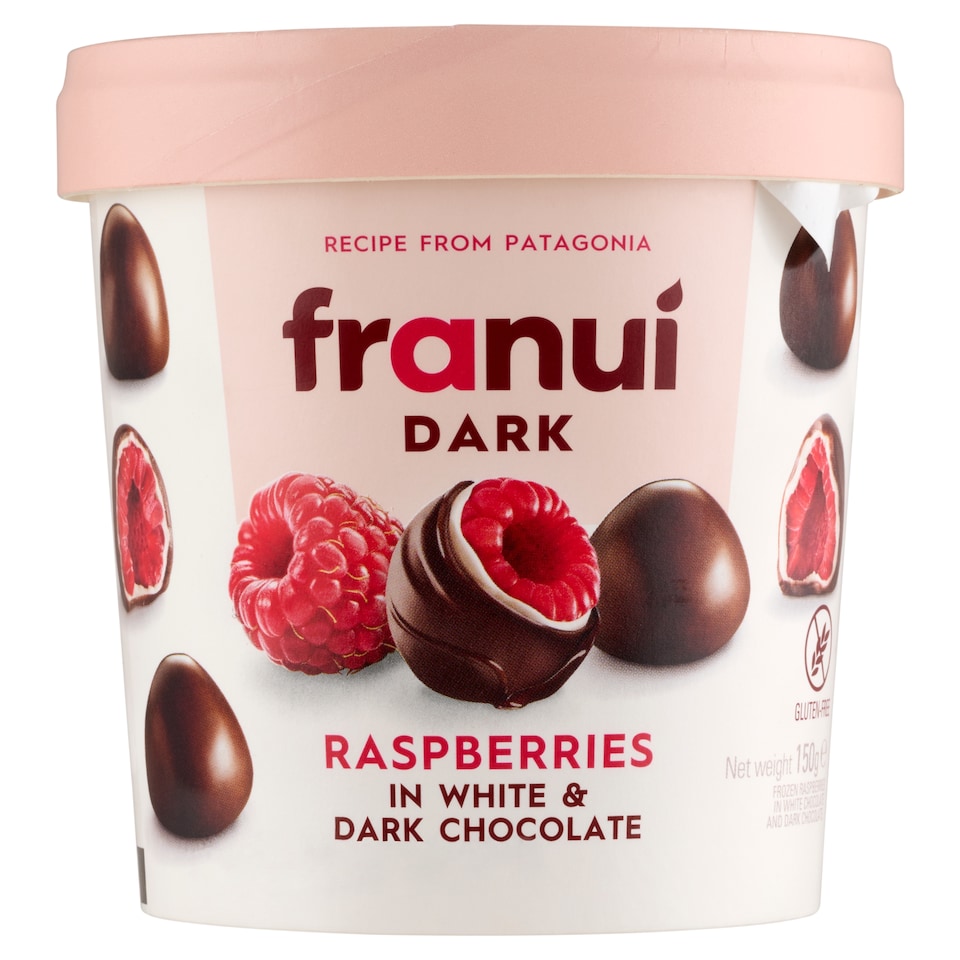 franuí fehér csokoládéval és étcsokoládéval bevont fagyasztott málna 150 g  1. kép