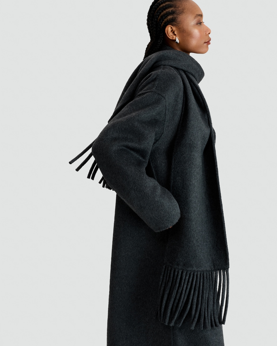 image 1 of F&F Wool Blend Fringed Scarf Formal Coat in Grey