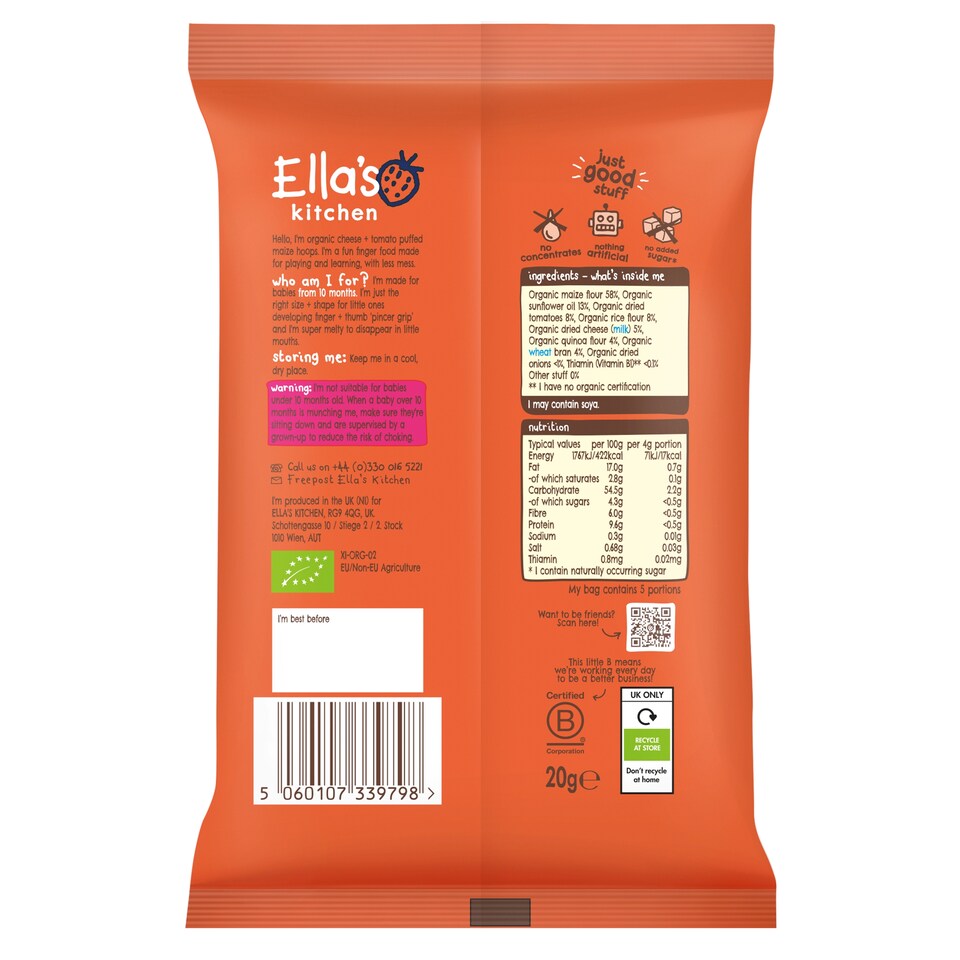 image 1 of Ella's Kitchen Cheese & Tomato Melty Hoops 20G
