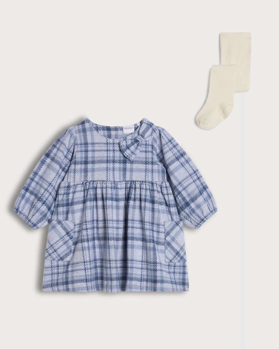 image 1 of F&F Baby Brushed Check Print Dress and Tights Set in Blue