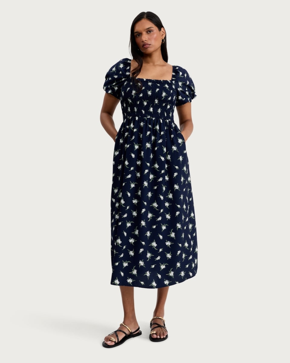 image 1 of F&F Floral Print Puff Sleeved Midi Dress in Navy