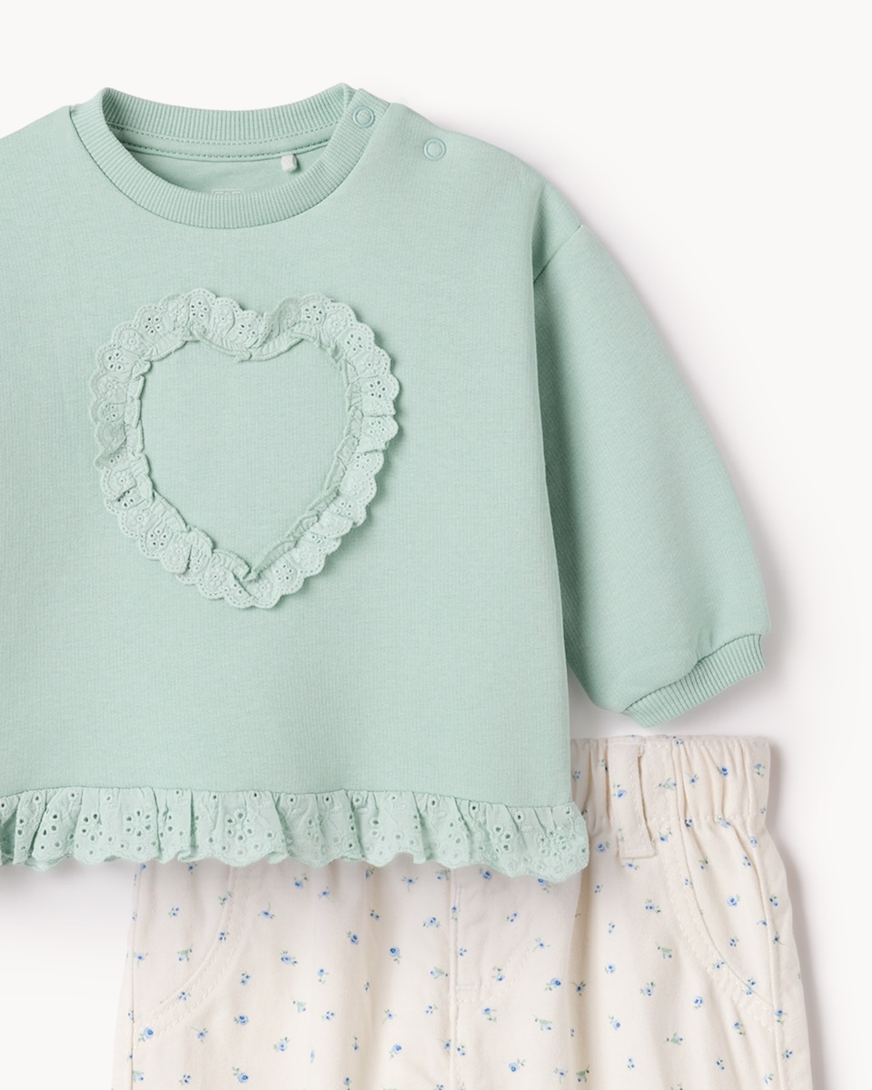 image 1 of F&F Baby 2-Piece Cotton Rich Heart Sweatshirt and Floral Trousers Set in Mint