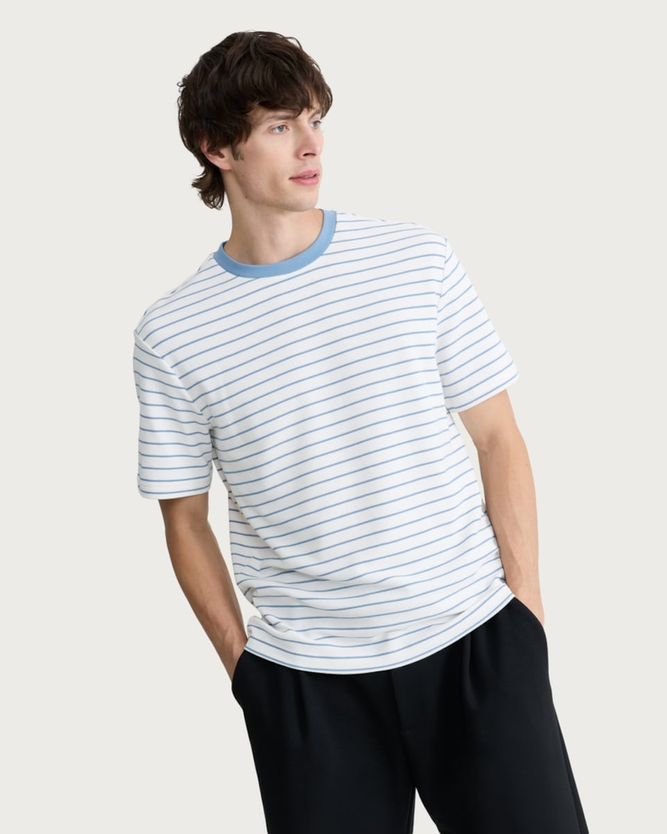 image 1 of F&F Cotton Rich Heavyweight Stripe Print Short Sleeved T-Shirt in Blue