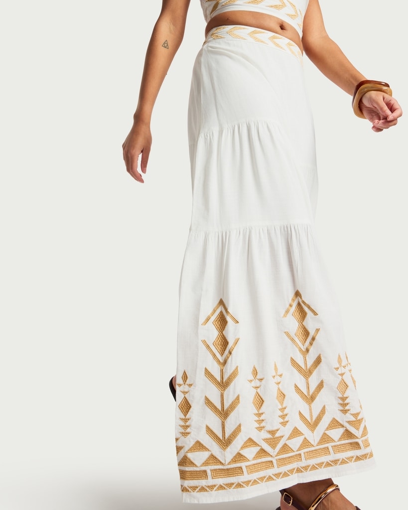 F&F Cotton Rich Embroidered Tiered Co-ord Midi Skirt in Cream