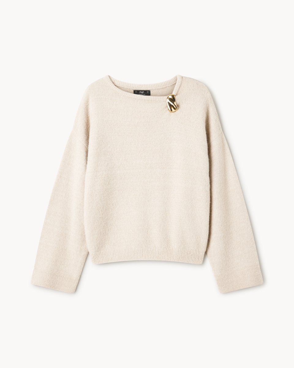 image 1 of F&F Brooch Knitted Jumper with Wool in Stone