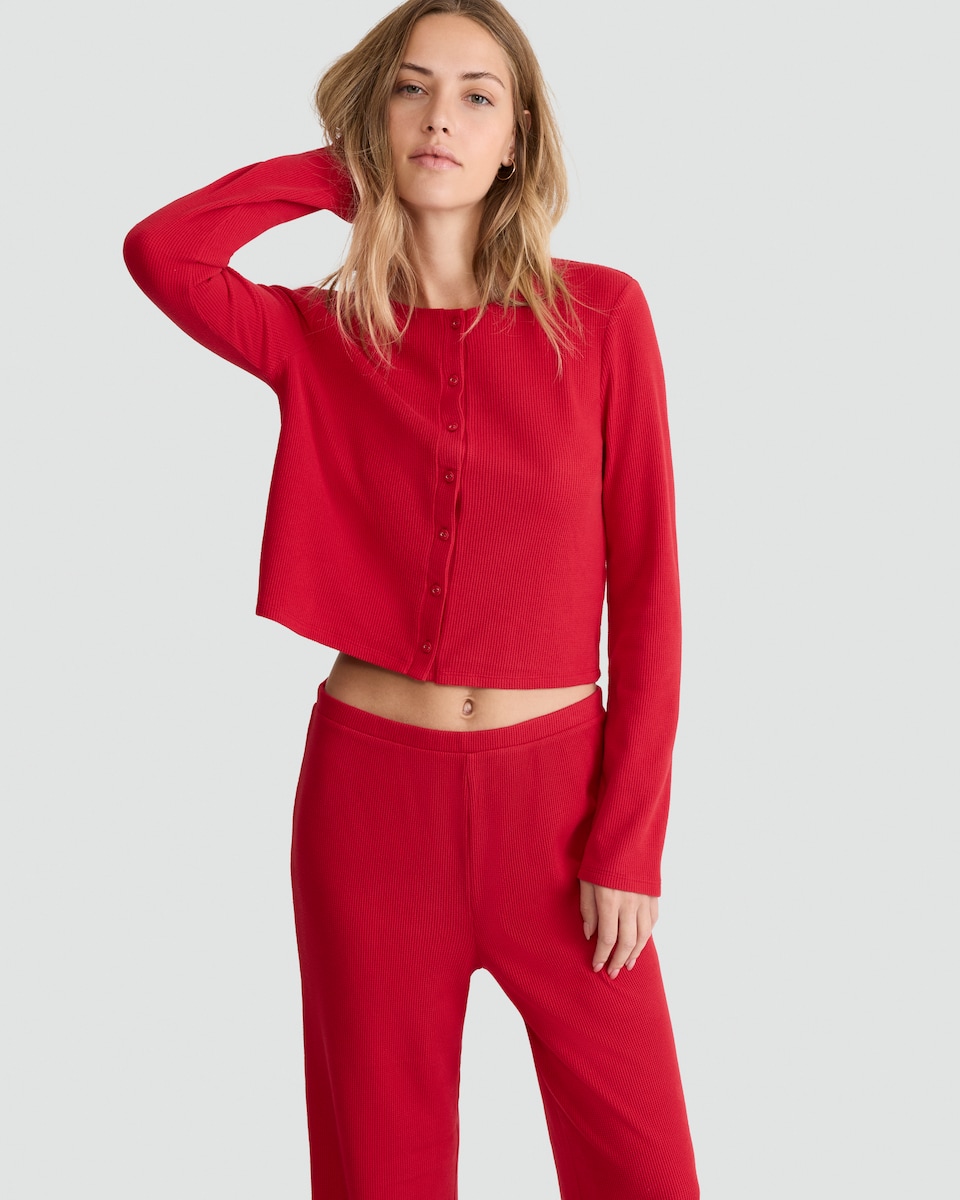 image 1 of F&F Waffle Textured Button Up Cardigan and Trousers Pyjamas in Red