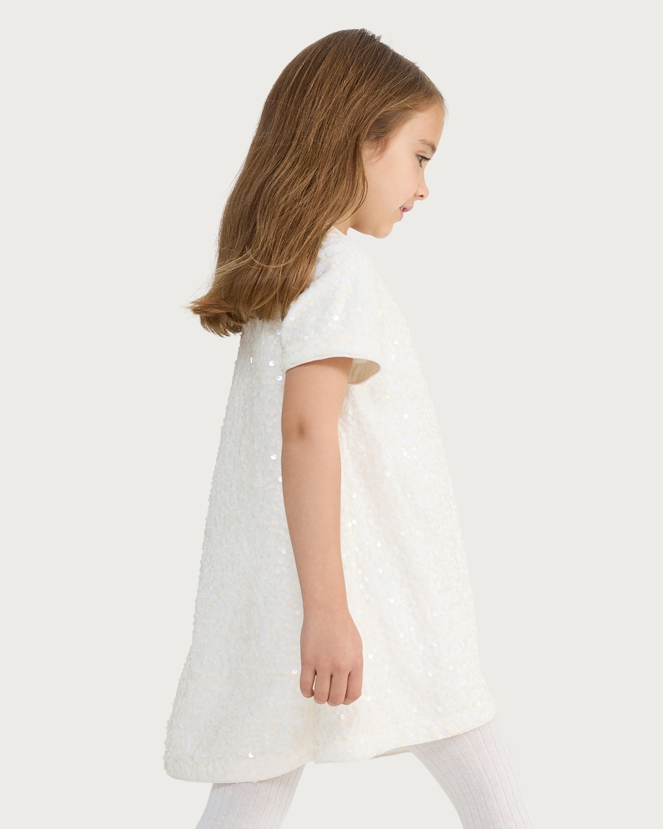 image 1 of F&F Girls Sequin Embellished Short Sleeved Dress in Cream
