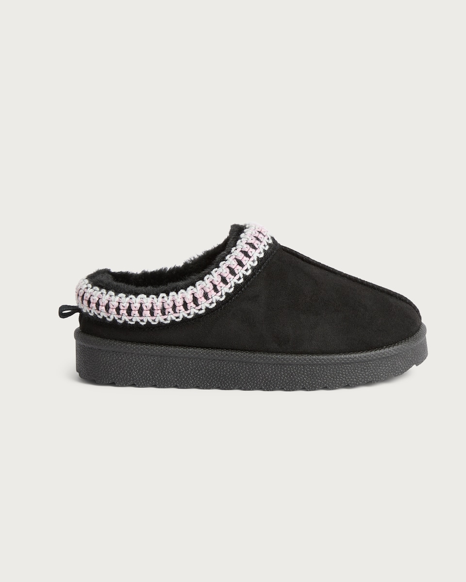 image 1 of F&F Girls Woven Trim Faux Fur Lined Chunky Slippers in Black