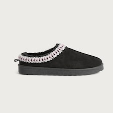 F&F Girls Woven Trim Faux Fur Lined Chunky Slippers in Black