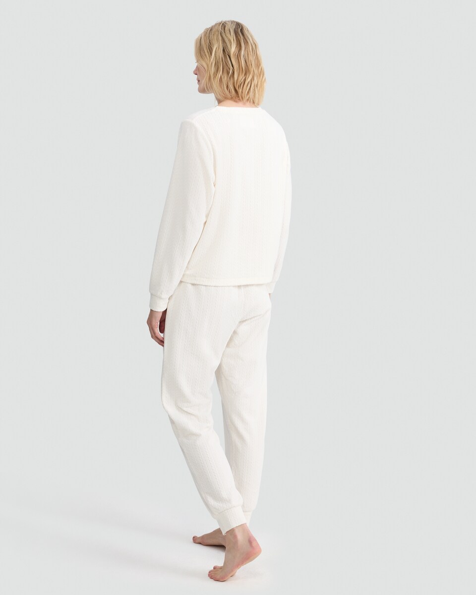 image 1 of F&F Fleece Cable Texutred Top and Cuffed Bottoms Pyjamas in Cream