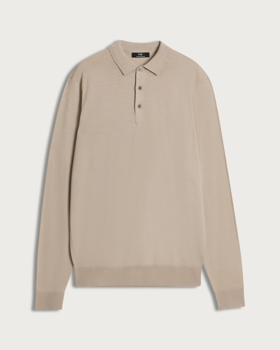 image 1 of F&F Pure Merino Wool Knitted Long Sleeved Polo Shirt in Neutral