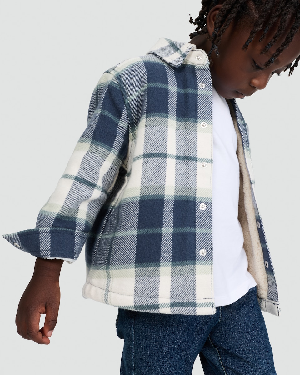 image 1 of F&F Boys Pure Cotton Check Print Popper Front Shacket in Blue