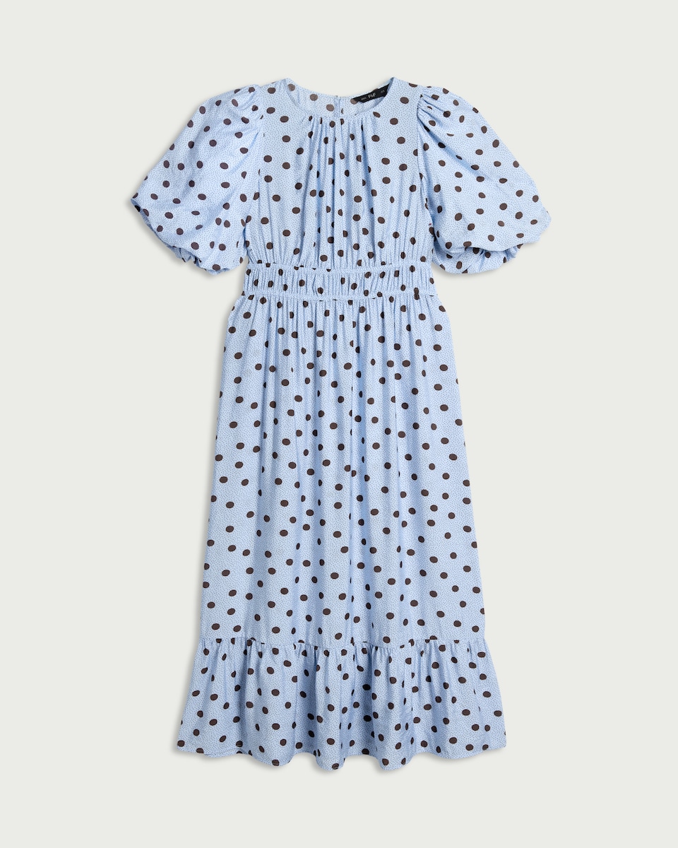 image 1 of F&F Shirred Polka Dot Midi Dress in Blue