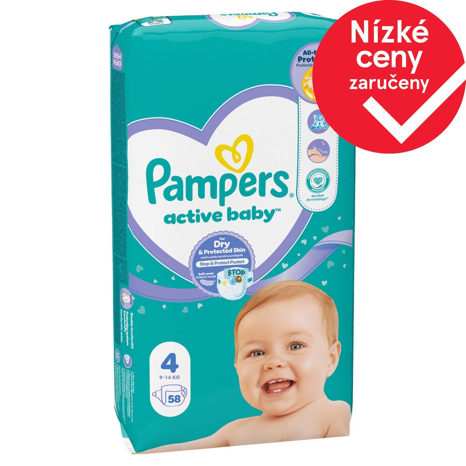 Obrázek 1 pro produkt Pampers Active Baby, Velikost 4, 58 Plenky, 9kg-14kg