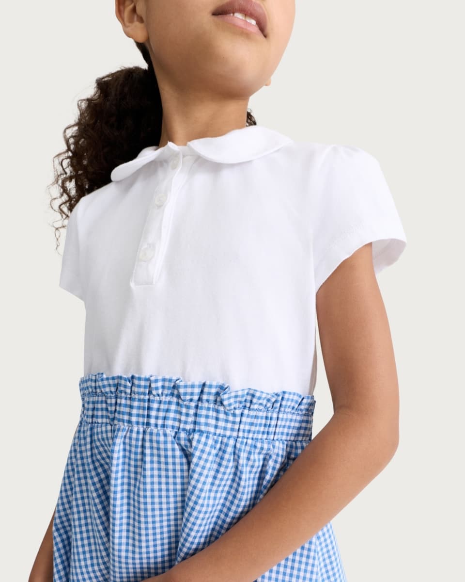 image 1 of F&F School Girls Cotton Rich 2 in 1 Gingham Polo Dress in Blue