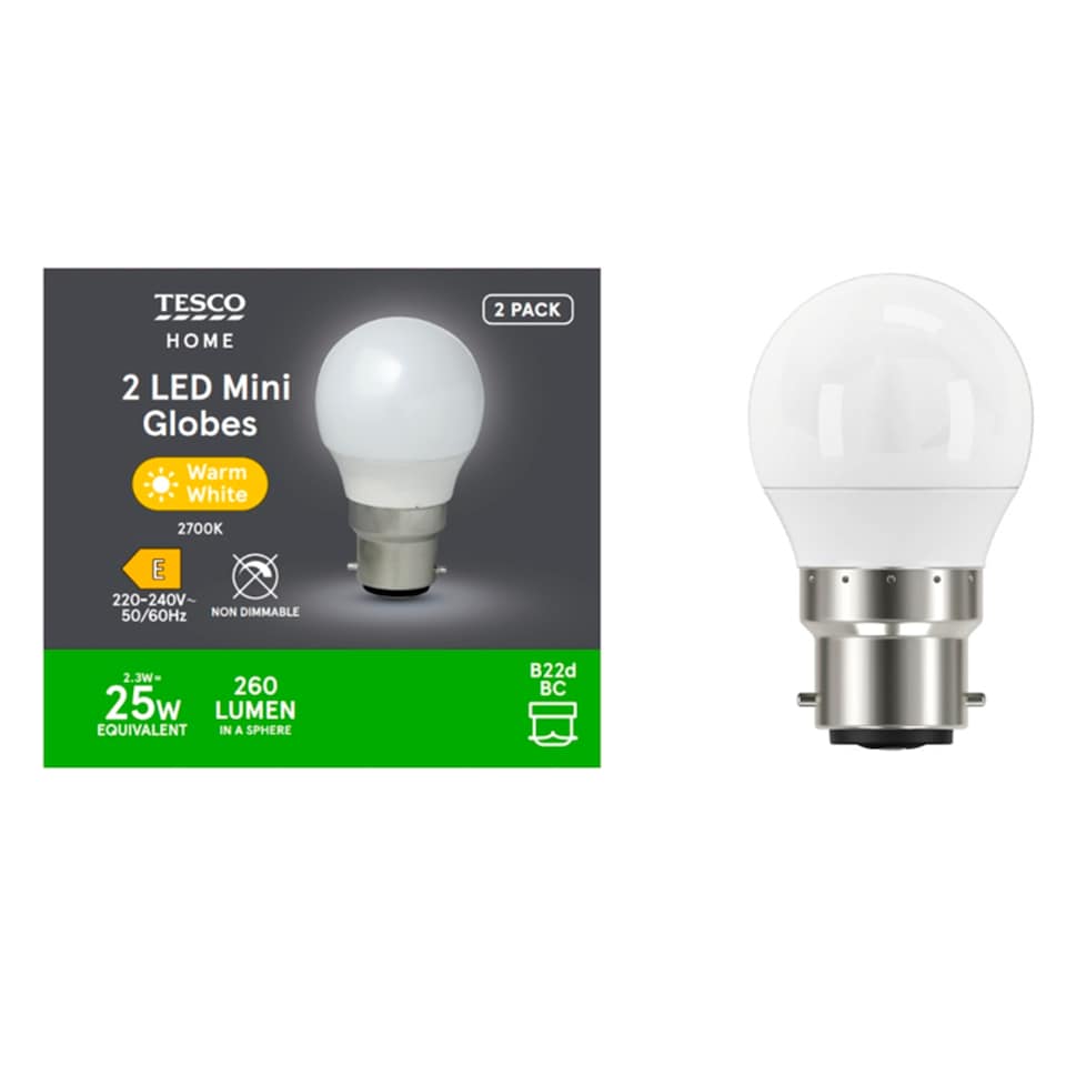 Tesco LED Mini Globe 25W BC Warm White 2 Pack