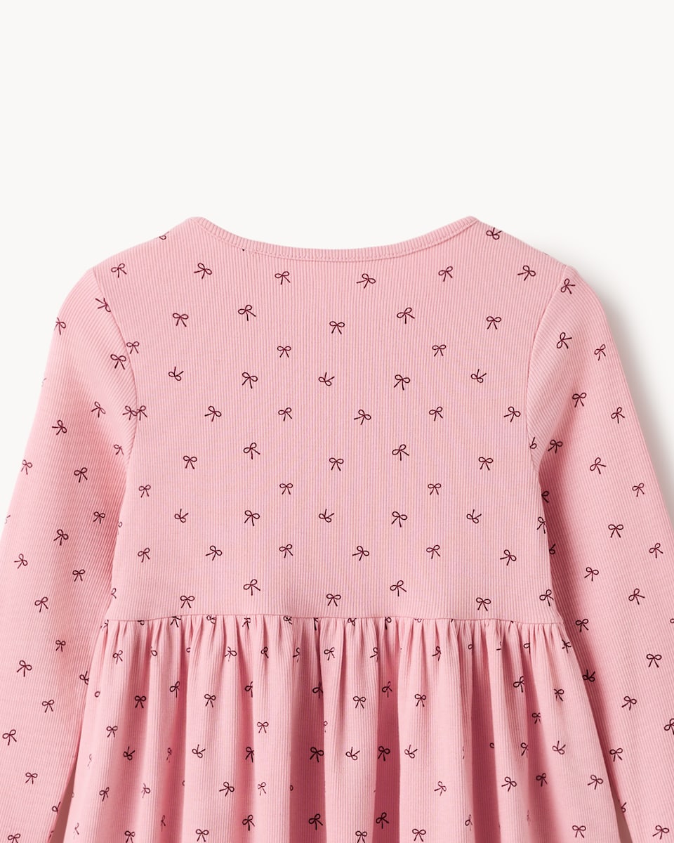 image 1 of F&F Girls Cotton Rich Ribbed Bow Print Dress in Pink