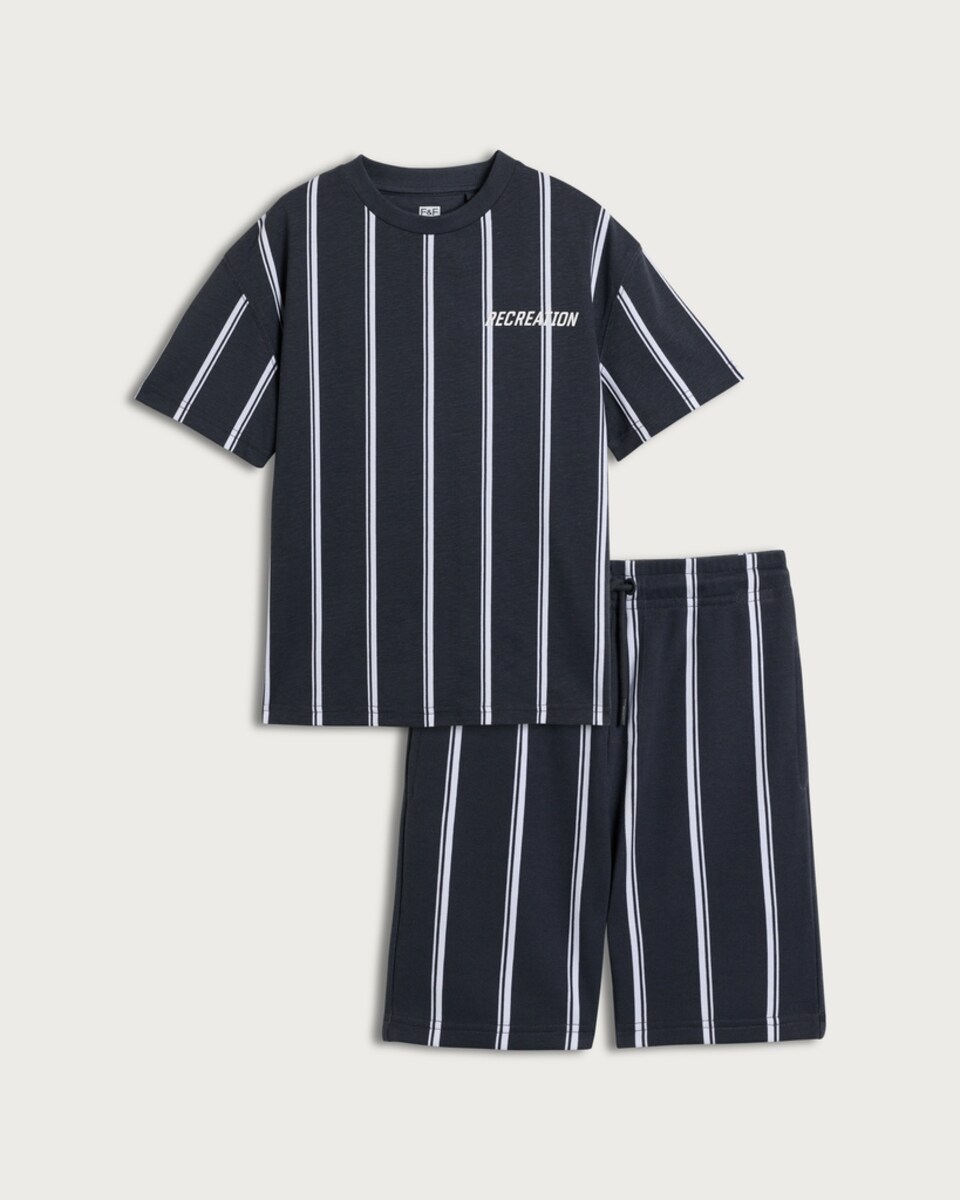 image 1 of F&F Boys 2-Piece Pure Cotton Striped T-Shirt and Shorts Set in Grey