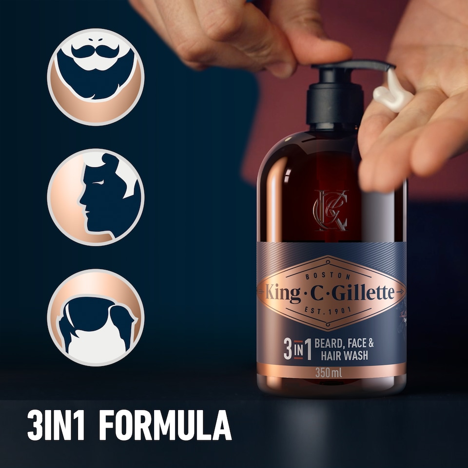 image 1 of King C. Gillette 3in1 Beard, Face & Hair Wash, With King C. Gillette Signature Scent,350ml